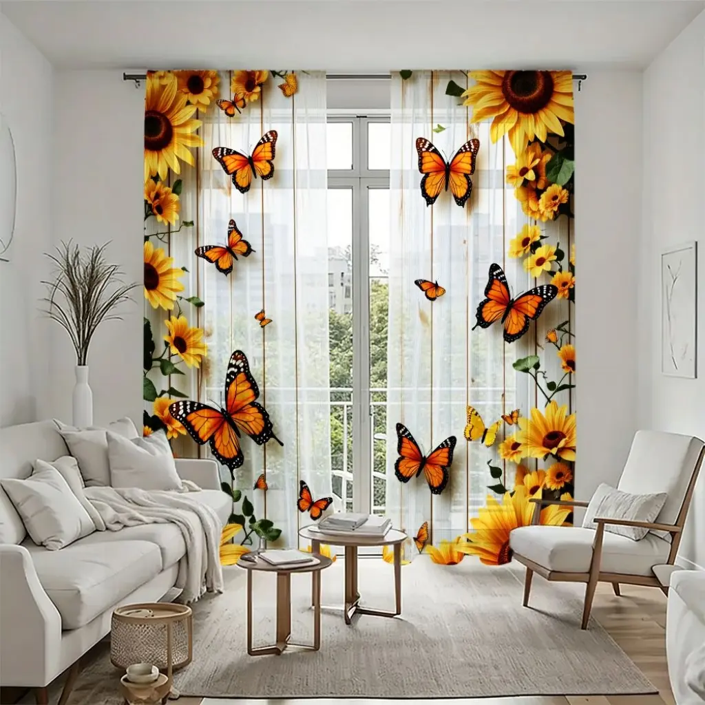 2Pcs Sunflowers & Butterflies Print Window Curtains, Artistic Modern Farmhouse Design, Easy Install Rod Pocket Sheer Drapes for Living Room Bedroom Study, Elegant Home Decor Style, Durable Coverings, Net Curtain Window.
