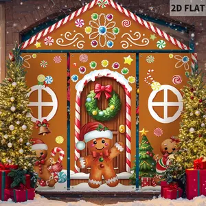 1 Set/4counts 2D FLAT Christmas Gingerbread House Door Festive Backdrops & Banners, Candy Gingerbread Printing Christmas Door Decorations Backdrop Xmas Front Hanging Banners for Holiday Photo Prop Home Party Decor, Christmas Welcome Sign