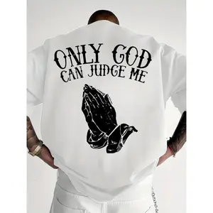 Men'S "Only God Can Judge Me" Graphic T-Shirt - Casual Crew Neck,Loose Fit, Short Sleeve Top, Beige with Praying Hands Design