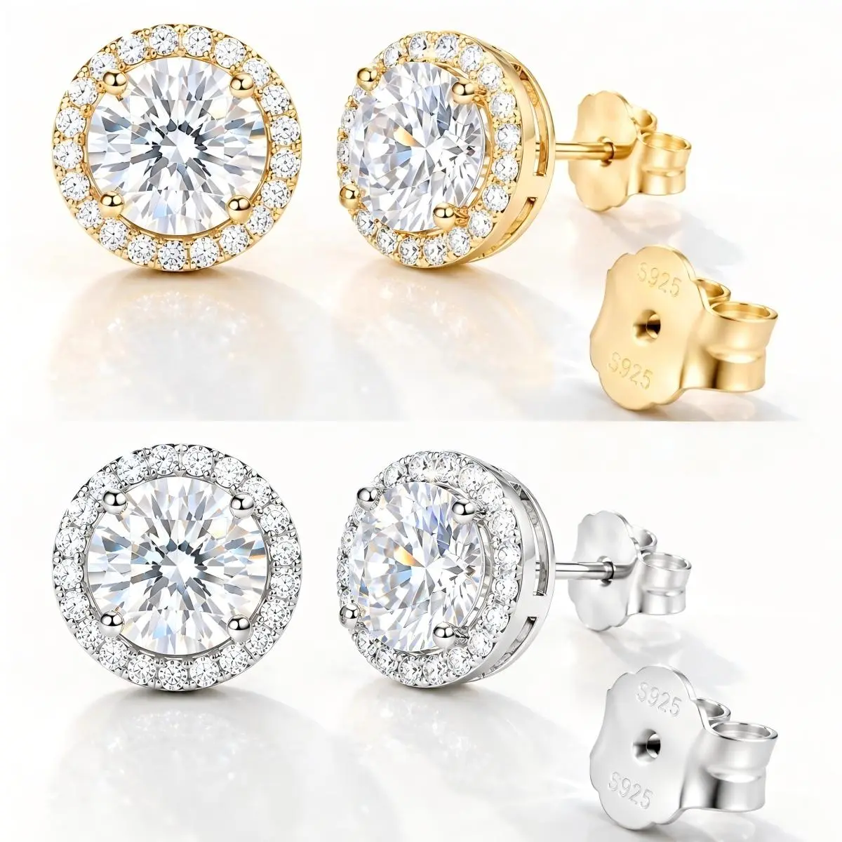 【Must be】S925 Sterling Silver Iced Out Bling Round/Square Hip Hop Stud Earrings - Top-Grade Zircon & Moissanite, Hypoallergenic Unisex Piercing Jewelry, Party & Club Accessory, Ideal Gift for Birthdays & Holidays