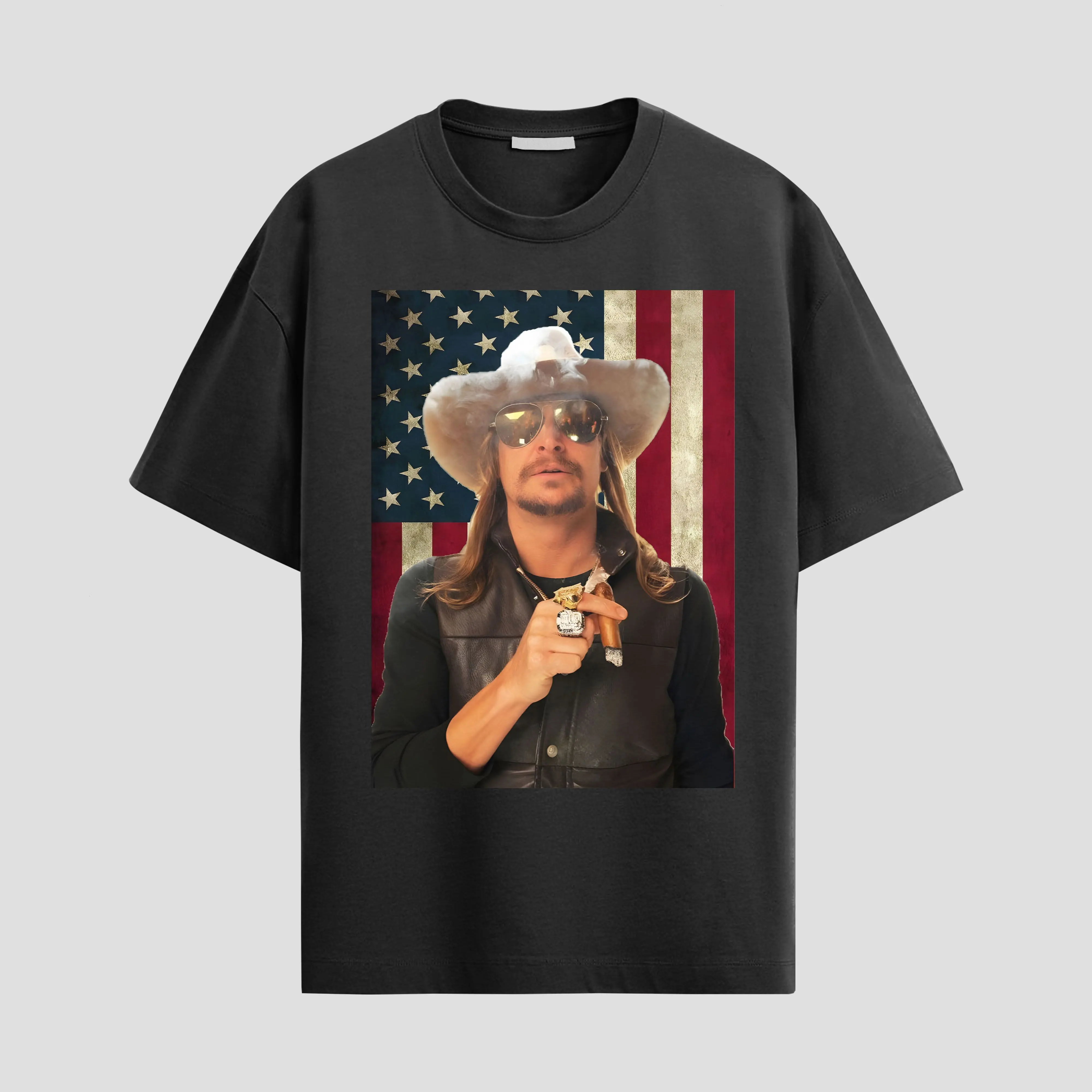 Oein Kidrock Men's American Show Cotton Short-Sleeve T-Shirt - Basic Everyday Fit, Soft Anti-Static Fabric, Round Neck, Denim-Baseball Vibe, Cap & Leather Accents, Aesthetic Menswear, Casual, Hem, Jeans Pairing