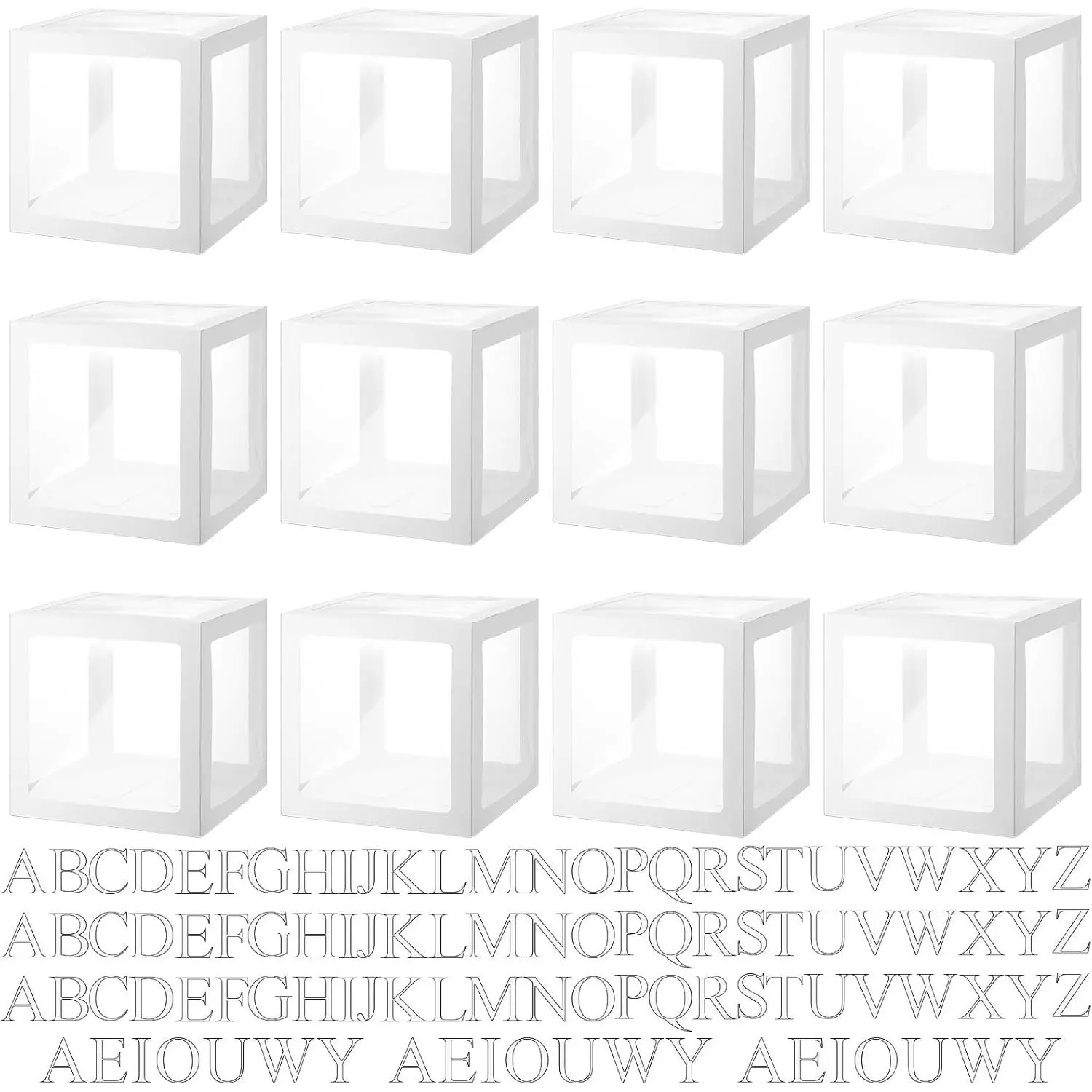 12-Count Transparent Synthetic Balloon Boxes (White) - 11.81x11.81x11.81 Inches (30x30x30 cm), 350g Hard Cardboard, 99 Letters for Baby Shower, Graduation Party Decorations, 11.81 X 11.81 X 11.81 Inches, 30 X 30 X 30 Cm