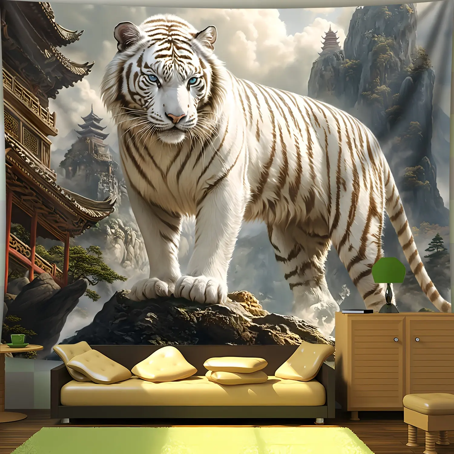 Retro Print White Tiger Polyester Tapestry - Large Home Decor Wall Hanging, Easy to Install, Ideal for Living Room, Great Gift for Family, Industrial Home Supplies Decoration