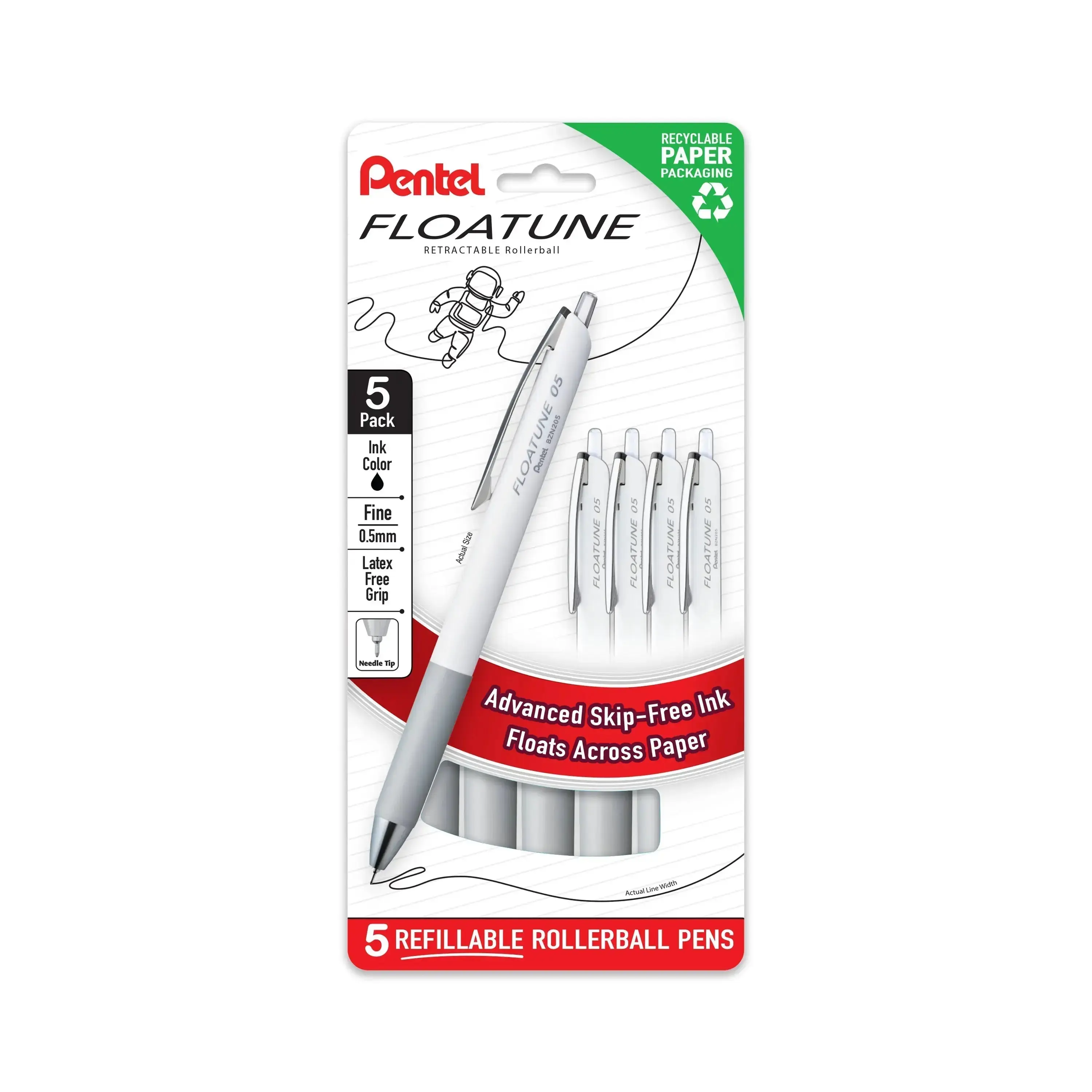Pentel Floatune Retractable Rollerball Pens, 0.5mm Fine Point, Minimalist All-Matte White 5-Pack, Advanced Smudge-Resistant Ink, Dual Ball Mechanism, Skip-Free Writing, Fine Tip Pens for Office & College Students, Office Stationery Tools