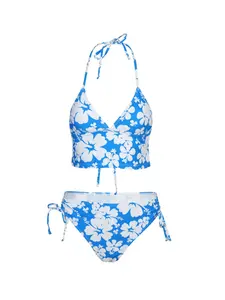 Two-Piece Set Women's Floral Print Tie Back Bikinis Set, Halter Wireless Swim Top & Drawstring Tie Side Swim Bottom, Two-piece Swimsuit for Summer Beach Holiday Vacation, Flower Print Bikini