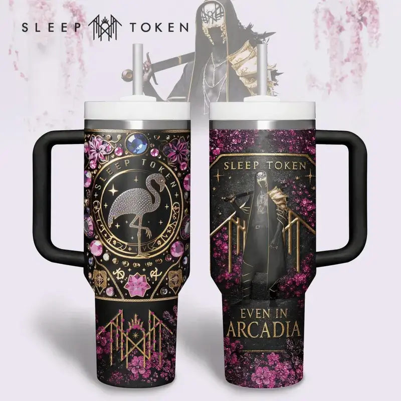 Sleep Token Tumbler 40oz Stainless Steel With Handle & Straw, Metal Band Merch Mug, Dark Gothic Aesthetic Cup, Alternative Rock Fan Gift, Even in Arcadia Design Drinkware, Heavy Metal Lover Gift For Him Her, Unique Emo Grunge Style Travel Coffee Flasks