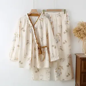 Women’s loose long-sleeve cotton sleepwear set with national-style print, thin design for spring and autumn, suitable as home pajamas