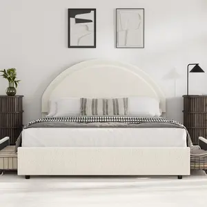 Garvee Queen Size Boucle Bed Frame with 2 Storage Drawers, Soft Upholstered Platform Bed Frame with Round Headboard, Heavy Duty, Wooden Slats, Noise Free, No Box Spring Needed, Beige