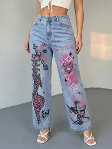 Women's High-Waist Wide-Leg Denim Jeans! High-Rise Medium-Stretch Printed Style—Semi Baggy Jeans Fit, Bedazzled Jeans Sparkle & Still Cool Jeans Vibe! Print has 'larless' letter extra-light wash dot, matches Baggy Jeans Outfit.Stuns with Platform Loafers