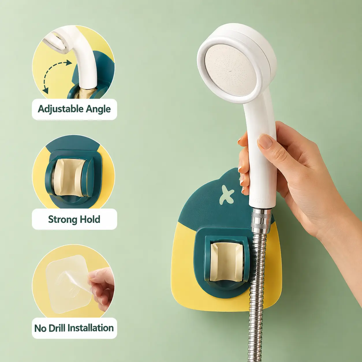 2 Counts, No Drilling Wall Mounted Shower Head Holder, Adjustable Gimbal Angle Adhesive Bracket for Bathroom Handheld Shower Use
