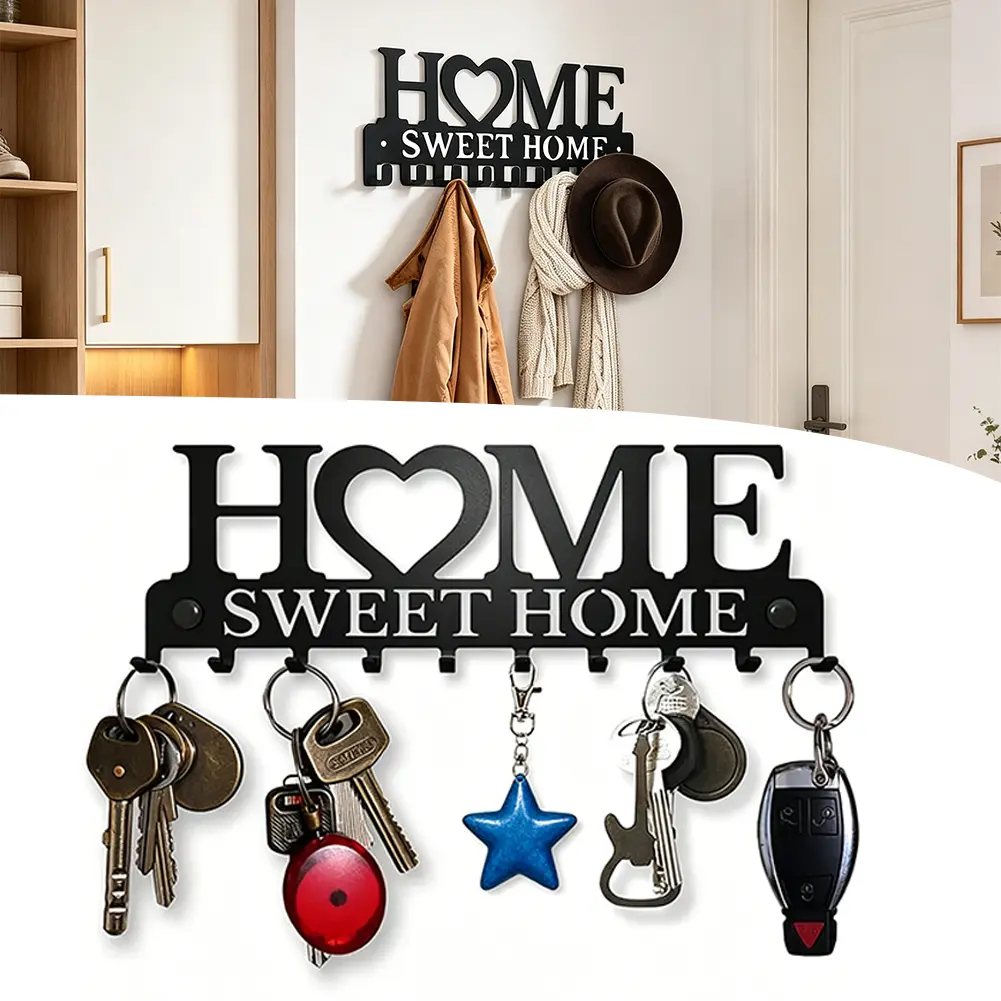 Metal "Home Sweet Home" Letter Design Wall-Mounted Multifunctional Key Holder, 1-Count Hanging Key Hanger Rack with Hooks, Decor Entryway Organizer for Door Hallway, Ideal Gift summerwins,, Shelves, Decorative