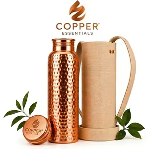 Copper 32oz Water Bottle - Made from 100% Pure Copper, Heavy-Duty, Leak-Proof, Canvas Carrying Bag Included - Drinkware Reusable