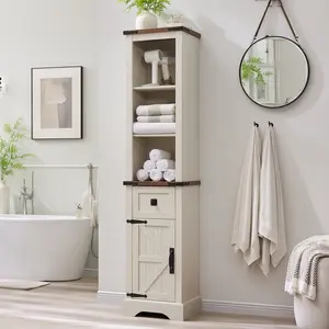 REDLEMON Rustic Tall Bathroom Storage Cabinet – Towel Cupboard with Barn Door, Adjustable Shelves & Open Cubbies, Slim Organizer for Bathroom or Living Room