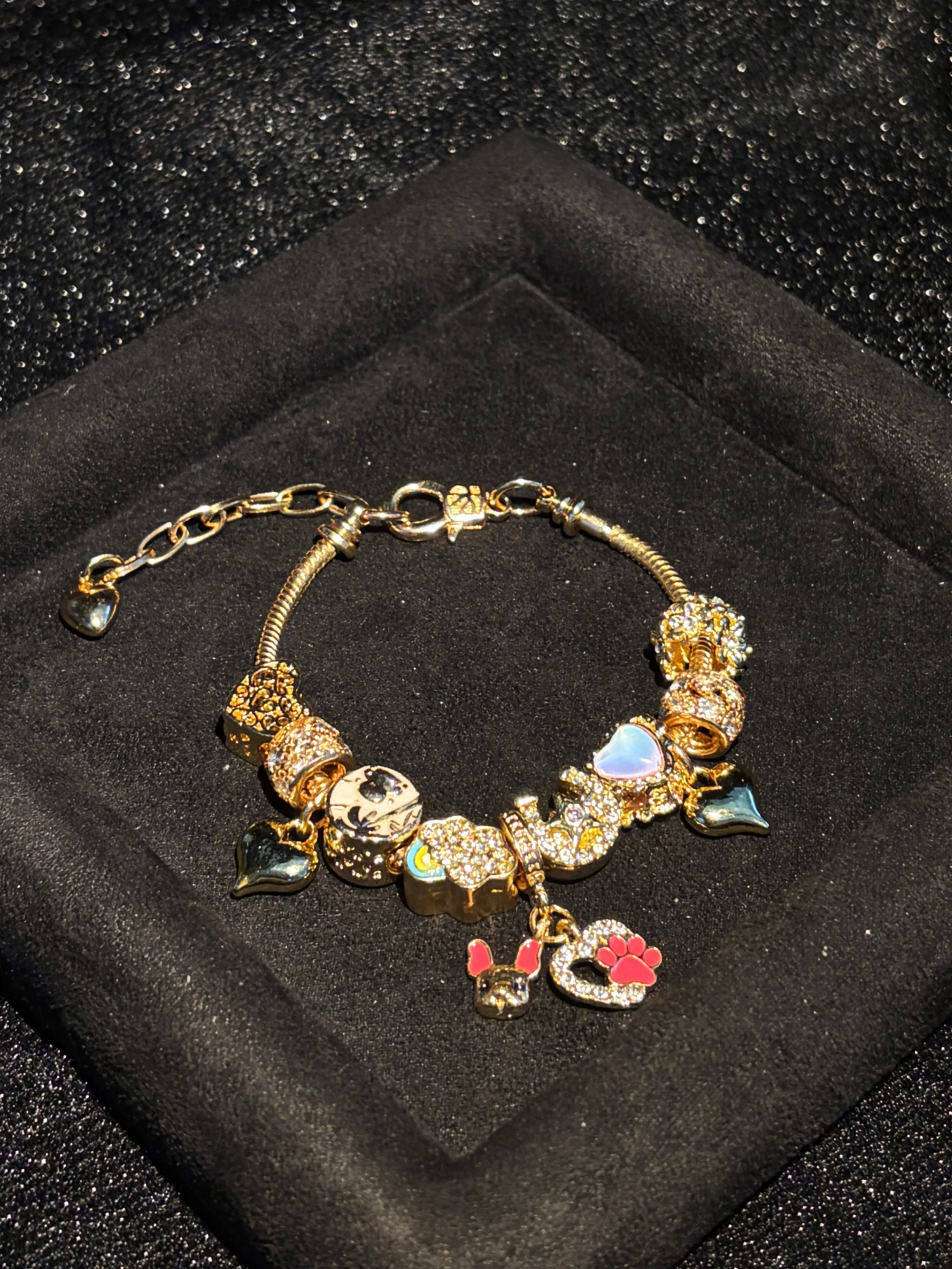 Women's Gold-Tone Snake Bone Charm Bracelet with Cute Pet Paw Heart Dangle Charms and Sparkling Crystal Beads - Fashion Costume Jewelry Gift for Teen Girls