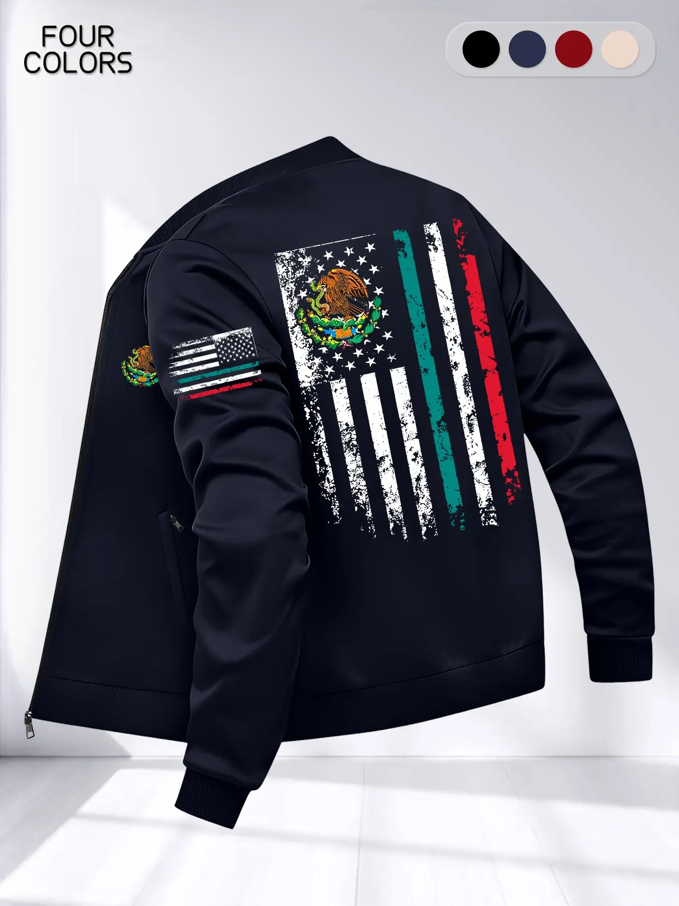 Men's Street Style Usa Mexico Flag Patchwork Jacket, Streetwear Outerwear, Street Fashion Outerwear, Long Sleeve Zipper Pocket Casual Fashion Coat With Pockets, Lightweight Spring Fall Outdoor Daily Use