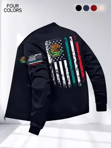 Men's Street Style Usa Mexico Flag Patchwork Jacket, Long Sleeve Zipper Pocket Casual Fashion Coat With Pockets, Lightweight Spring Fall Outdoor Daily Use