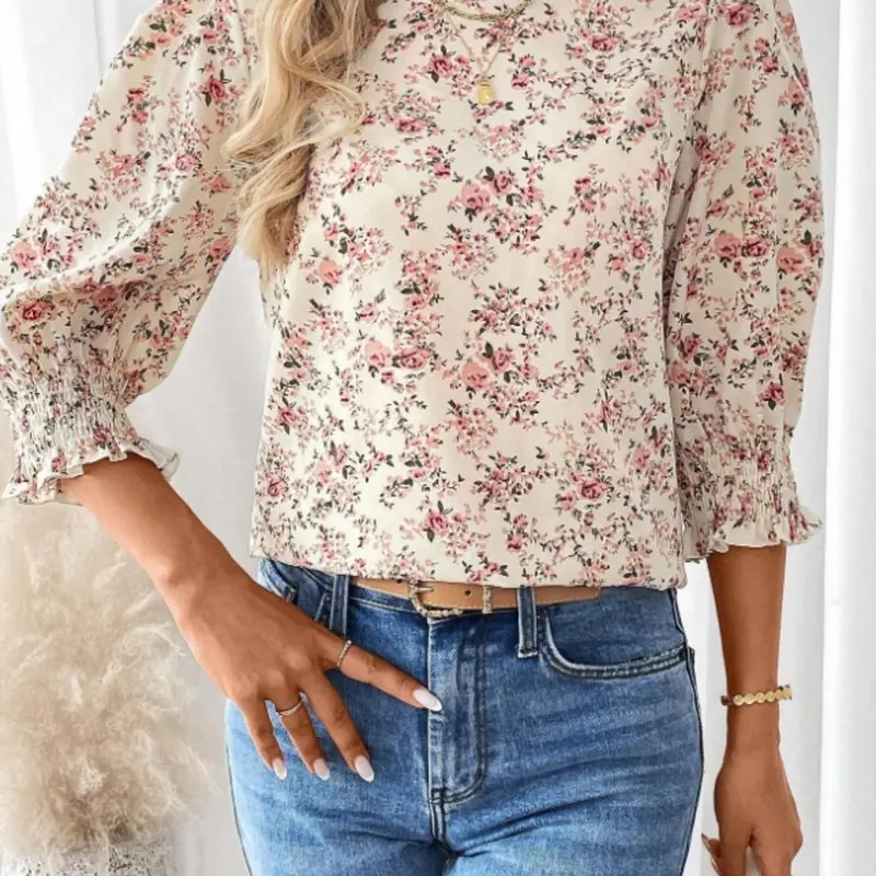 Women's Loose Vacation Floral Printed Puff Sleeve Round Neck Summer, Three Quarter Sleeve Top for Comfortable Style, Boho Cottagecore Blouse, Floral Printed Blouses