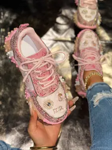 Women's European Style Full Diamond Dad Shoes, Breathable Mesh Upper, Trendy Rhinestone Sport Thick Sole Casual Sneakers