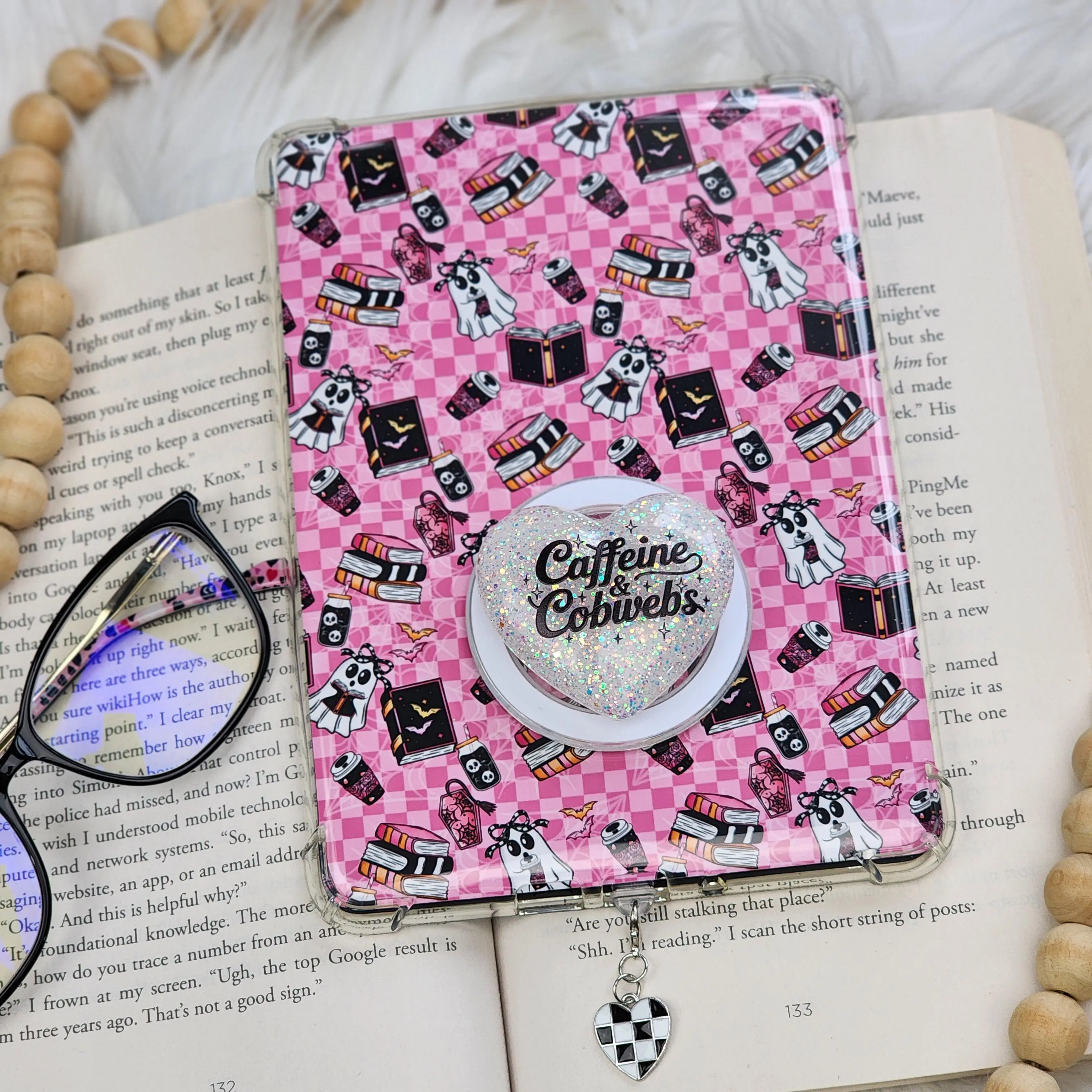 Kindle Accessories Set | Caffeine Pink Checkered Ghouls | Insert, Grip & Charm