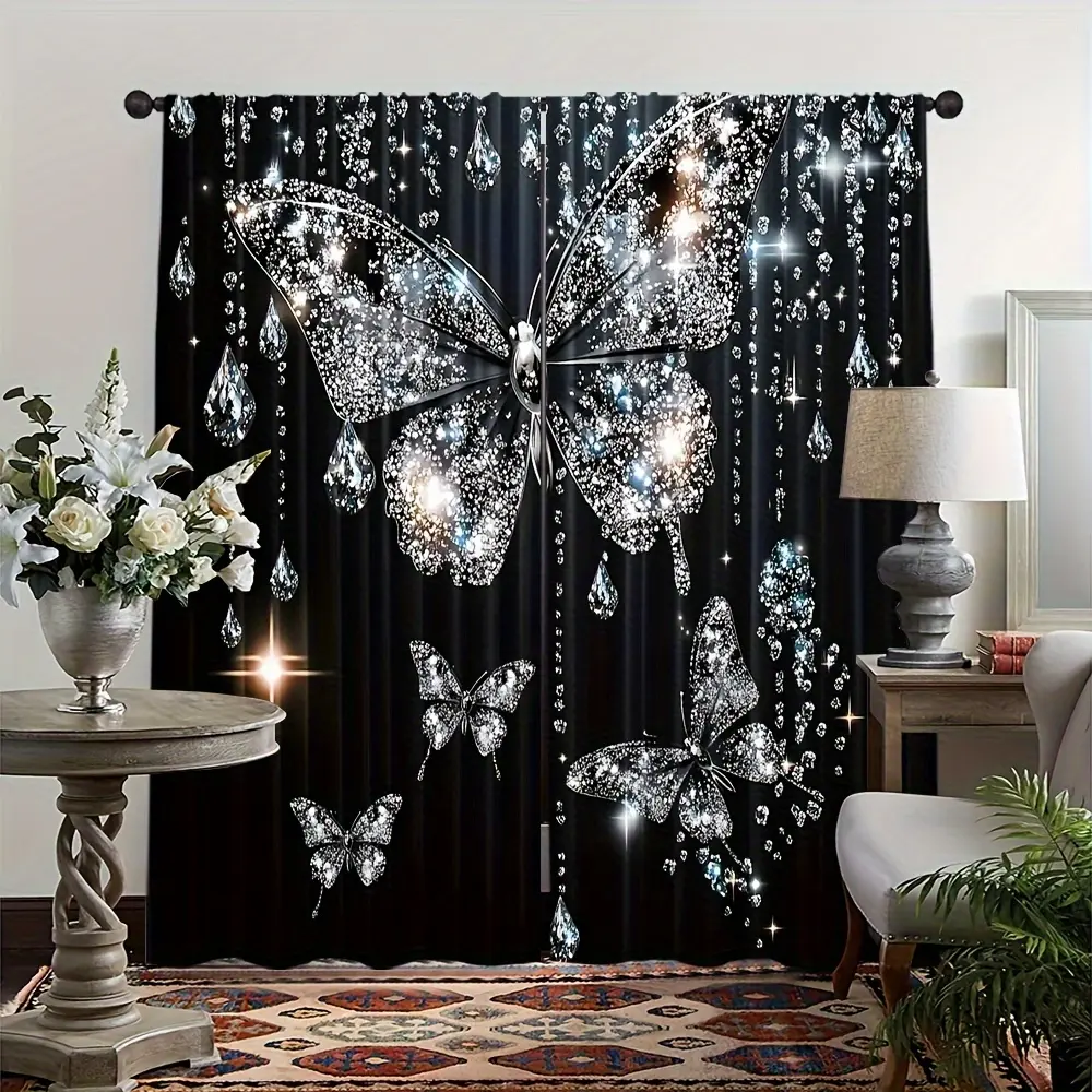 Pack of 2, 2D flat, black glitter butterfly all-season curtains, Home Decorative Curtain, 100% polyester fiber, suitable for living room, bedroom, office, gift decoration, pole bag design easy to hang
