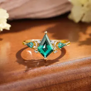 Emerald Kite Cut Engagement Ring in Yellow Gold with Moissanite Sparkle — vintage kite emerald ring jadeite engagement may birthstone art deco promise ring yellow gold handmade LA made to order 7-10 days