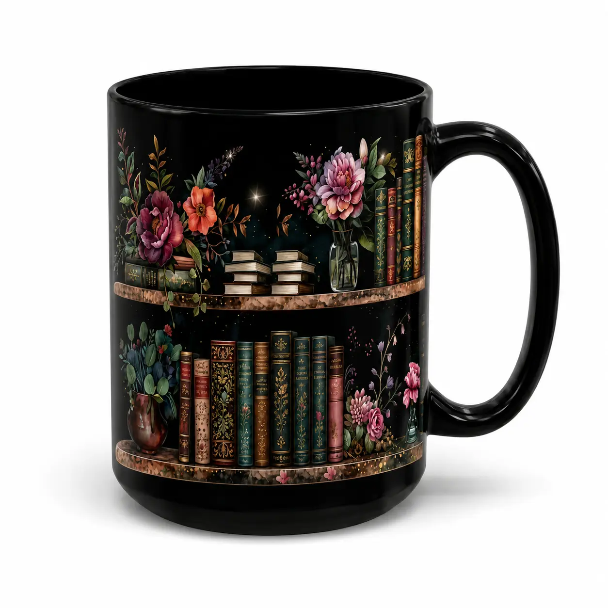 Book Lover Mug, Black Ceramic 11oz/15oz Coffee Cup with Floral Library Bookshelf Artwork, Reading Gift for Women, Teacher, Librarian, Friends, Stained Glass Botanical Bookshelf Mug, Vintage Whimsical Bookworm Drinkware