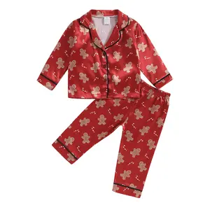 Toddler Girl Boy Christmas Pajamas Set Gingerbread Man Print Button Down Top and Pants Xmas Sleepwear for Unisex 2PCS PJs Set