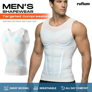 【ruflum】Men Compression Shapewear Tank Top Seamless Undershirts Bionic Targeted Tummy Control Eliminate Gynecomastia X-Shape Back Stretch Posture Correction Breathable Mesh Fabric Basic Menswear for Special Events Dating Business Party Sports Holiday Gift