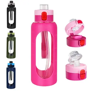 【Viral TikTok Pick!】40oz/24 oz Glass Water Bottle with Time Marker & Straw Lid - Leakproof, Motivational Fitness Jug for Gym, Travel Silicone Sleeve  Trendy Sports Bottle for Women  Men