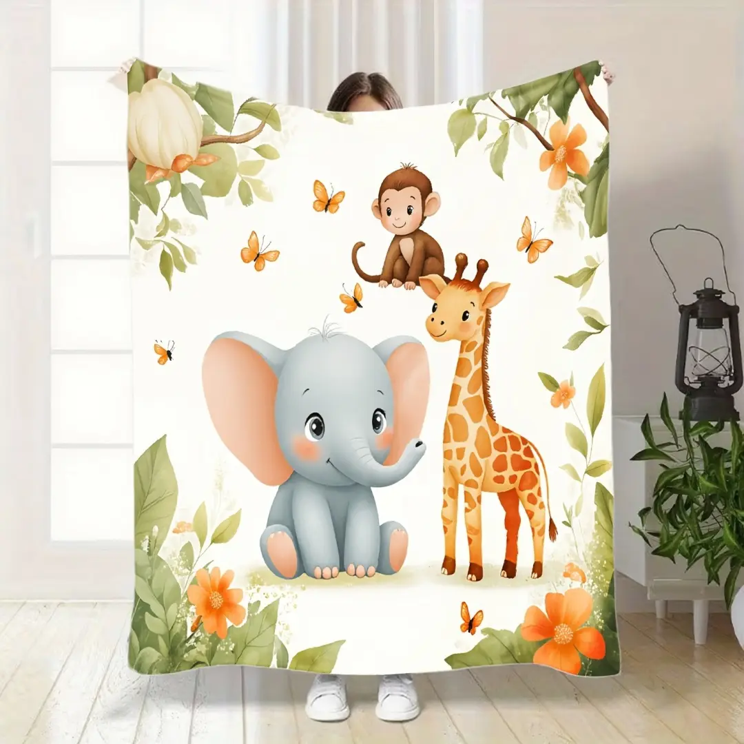 1pc Safari Animal Print Flannel Blanket - Soft Bedspread with Elephants, Monkeys, Giraffes, Whimsical Jungle Theme for Home Room Decor, House Decor, Christmas Throw