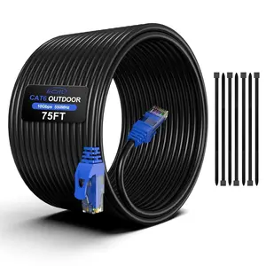 75FT Cat6 Outdoor Ethernet Cable, Heavy Duty Direct Burial, In-Ground, 24AWG CCA Patch Cord, POE, UTP, Waterproof, LLDPE UV Resistant, Network, Internet, LAN, Cat 6 Cable 75 Feet with 25 Cable Ties