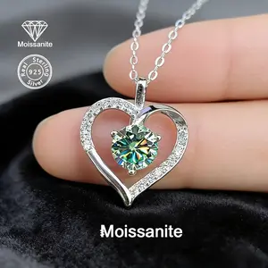 925 Sterling Silver 1ct Blue-Green Moissanite Heart Pendant Necklace - Jewelry Gift for Birthday, Valentine's Day, Christmas, Halloween, New Year, Parties & Weddings