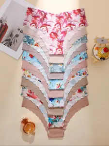 Women's Seamless Triangle Panties, 10-Pack Solid & Floral Prints, Comfortable One-Piece V-Waist Design, Casual Fitted Style for All Seasons