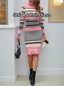 Women's Long Sleeve Sweater Dress Wrap, Striped Ruffle Hem Knit Bodycon Tight-Fitting Casual Wear Fall & Winter Fashion Ruffled, Casual Chic Dress