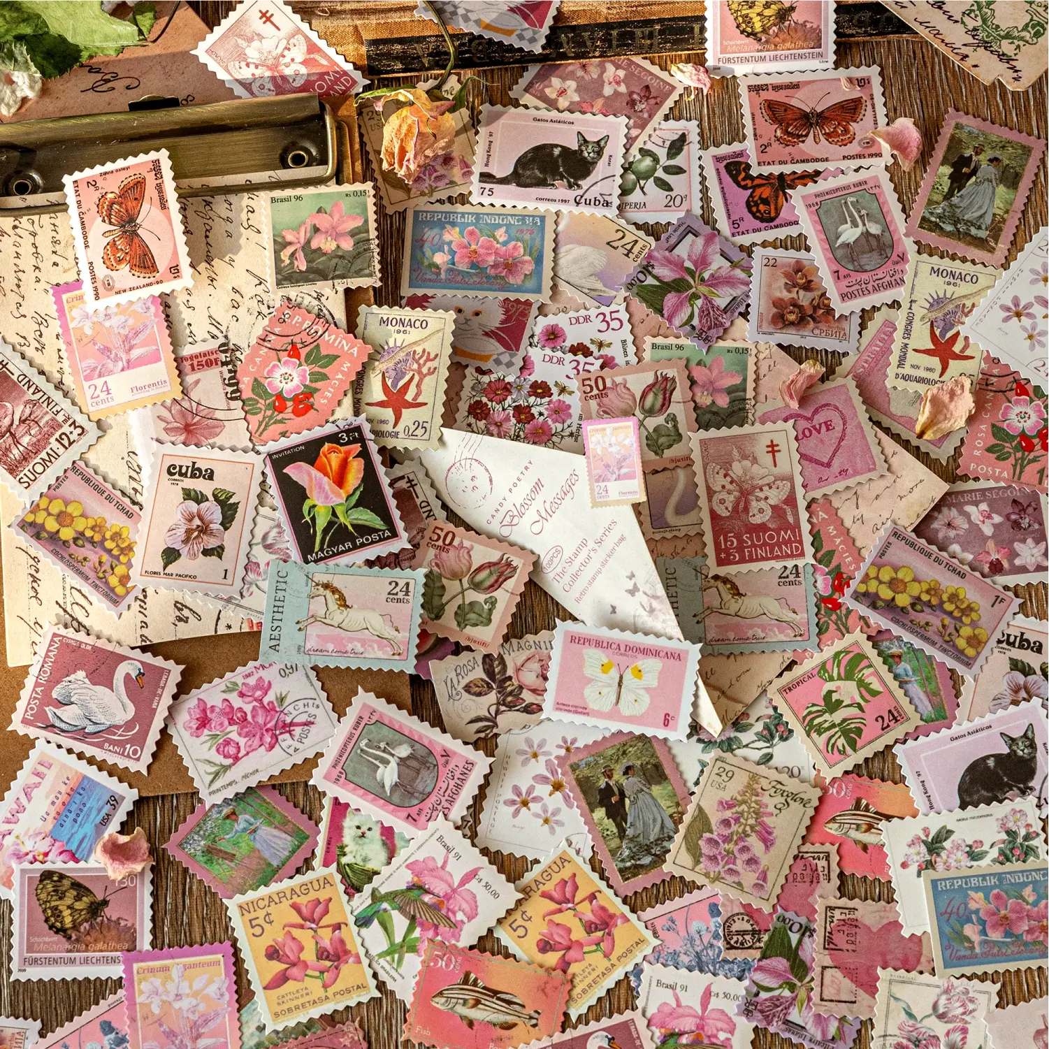 100 Sheets/bag Stamp Collector Series Decorative Stickers, Hand Account Stationery Water Bottle Multi-Scene Decoration Sticker Packs Aesthetic Stickers Journal Stickers Scrapbook Accessories Scrapbooking Sticker Set