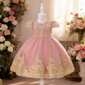 6051 Lace Flower Embroidery Rose Pink Gold Embroidery High-end Lace Embroidery Dress Princess Dress Suitable for Girls Birthday Party