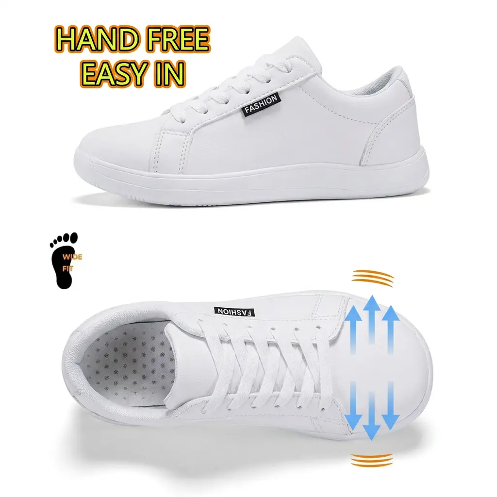 Women's Wide Fit Waterproof Full PU Leather Casual White Sneakers - Roomy Wide Toe Box, Hands-Free Step-In Lazy Slip-Ons, Breathable Perforated Insole, Wear-Resistant Flat Sole Athletic Walking Footwear for All Seasons, Walking Shoes, Women's Shoes