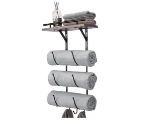 Metal Towel Rack With Wooden Shelf And 3 Hooks, Bathroom Wall Mounted Towel Holder, Black, Premium Steel And Solid Wood.