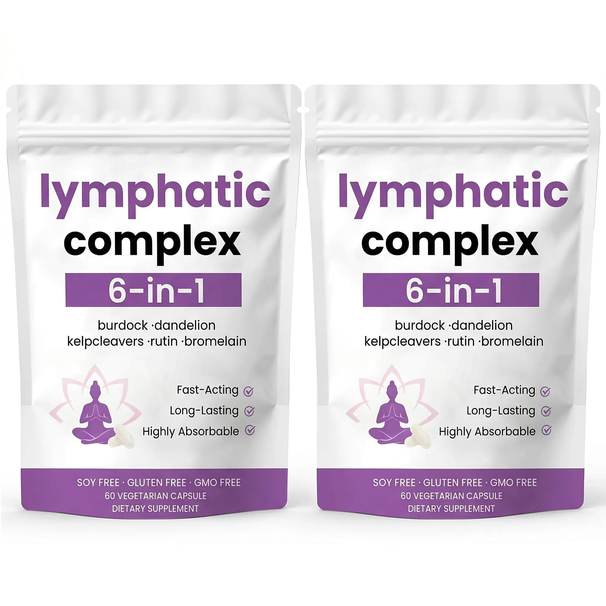 6-in-1 Lymphatic Complex 2 Packs, Lymphatic Drainage Capsules with Burdock Dandelion Kelp Cleavers Rutin Bromelain, Natural Lymph Support to Reduce Bloating