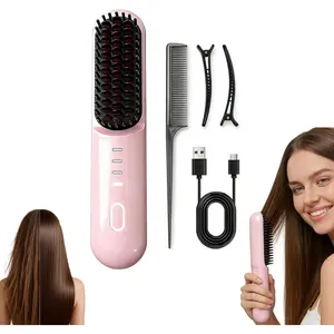 Go Pro Hair Brush for Short Hair, 4000mAh Cordless Numoya Go Brush Pro, 30s Rapid Heating, 4 Temp Settings (140-200°C) Hair Straightener Brush (Pink)