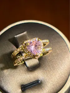 *LOVER’S HEART* (PINK)    Item#00000023 European 14K Gold Plated Double Halo Three-Prong Setting Double Band Heart-Cut Large Pink Cubic Zirconia Adjustable Fashion Ring (Center Stone 1.5 Carat, Ring Size 5 and Up)