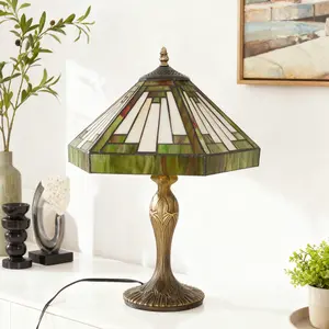 Vintage Tiffany Stained Glass Table Lamp 38cm Diameter 20cm Height Geometric Mission Pattern Bronze Finish Rust-Resistant Resin Base E26 Bulb Base 110V US Standard Home Decor