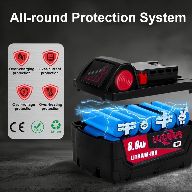 A battery and charger set—an 18V 8.0Ah Lithium-ion battery and charger kit—serving as a replacement battery for cordless power tools.