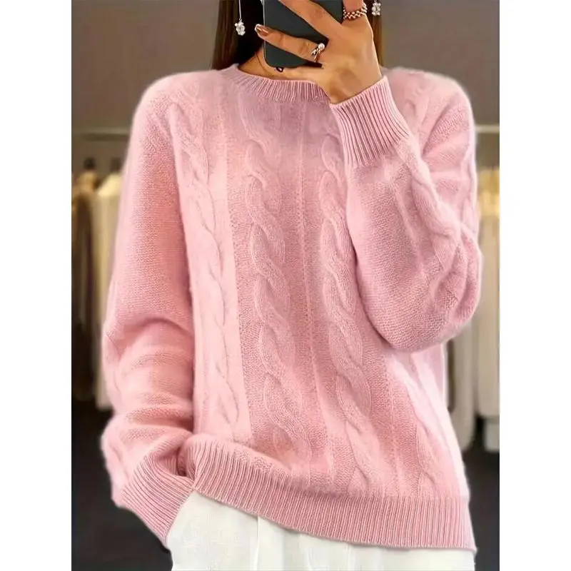 Plus Size Elegant Loose Round Neck Twist Knit Long Sleeve Sweater, Women's Casual Fall & Winter Fashion Pullover Plus Size Elegant Loose Round Neck Twist Knit Long Sleeve Sweater, Women's Casual Fall & Winter Fashion Pullover