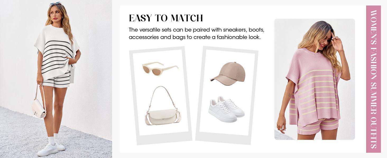 Imily Bela Women's Striped 2 Piece Outfits Oversized Batwing Short Sleeve Tops High Waisted Shorts Summer Knit Lounge Short Sets