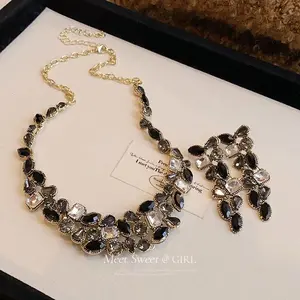 This Black Crystal Jewelry Set Is Going Viral! Gold Plated Statement Necklace Earrings Set