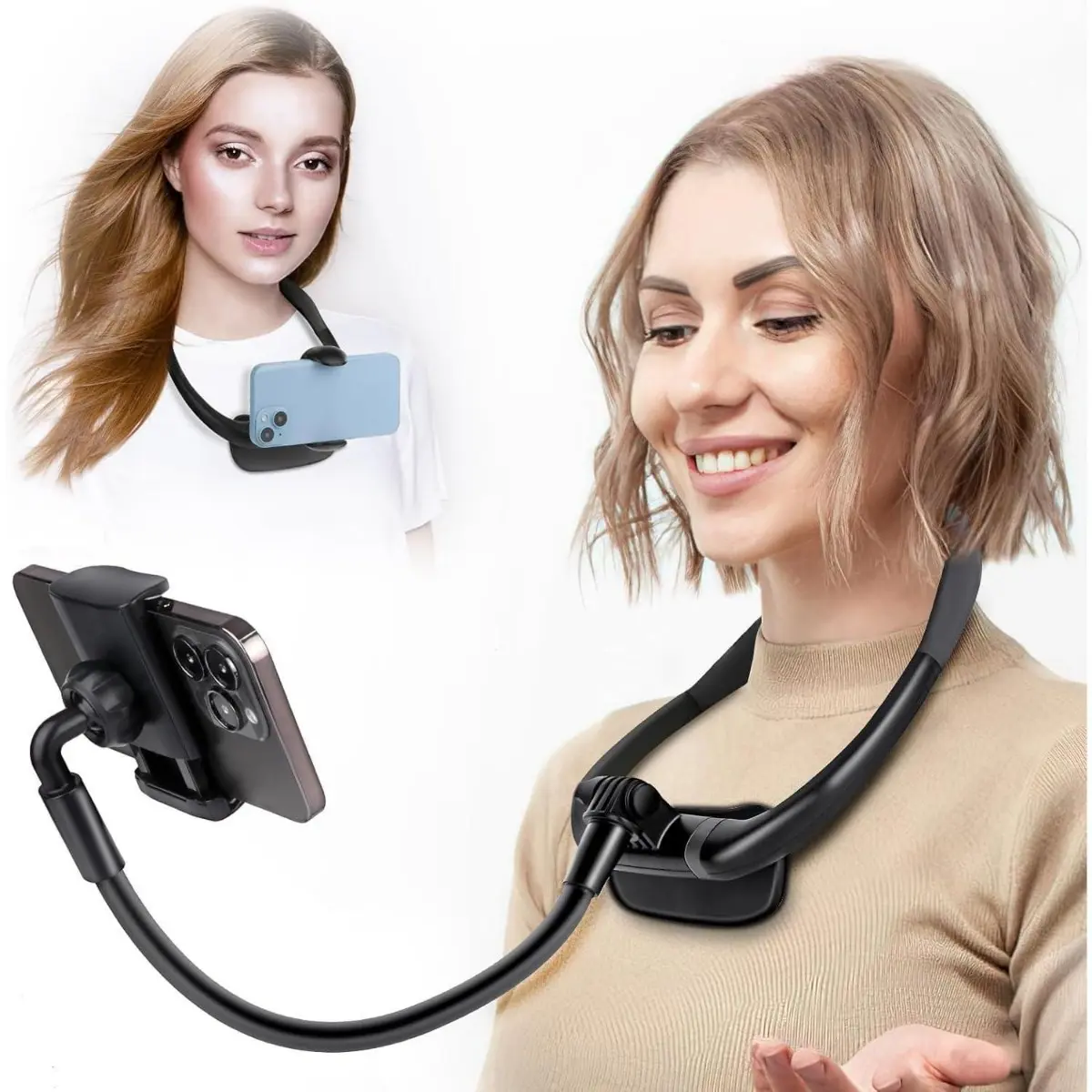 Silicone Flexible Gooseneck Cellphone Holder - Hands-Free Mobile Accessory, Adjustable Foldable with Magnetic Closure, Auto Tracking Vacuum Mount, Stable Hold for Smooth Clips, Hands-Free for Easy Shots for Video Creators, Black