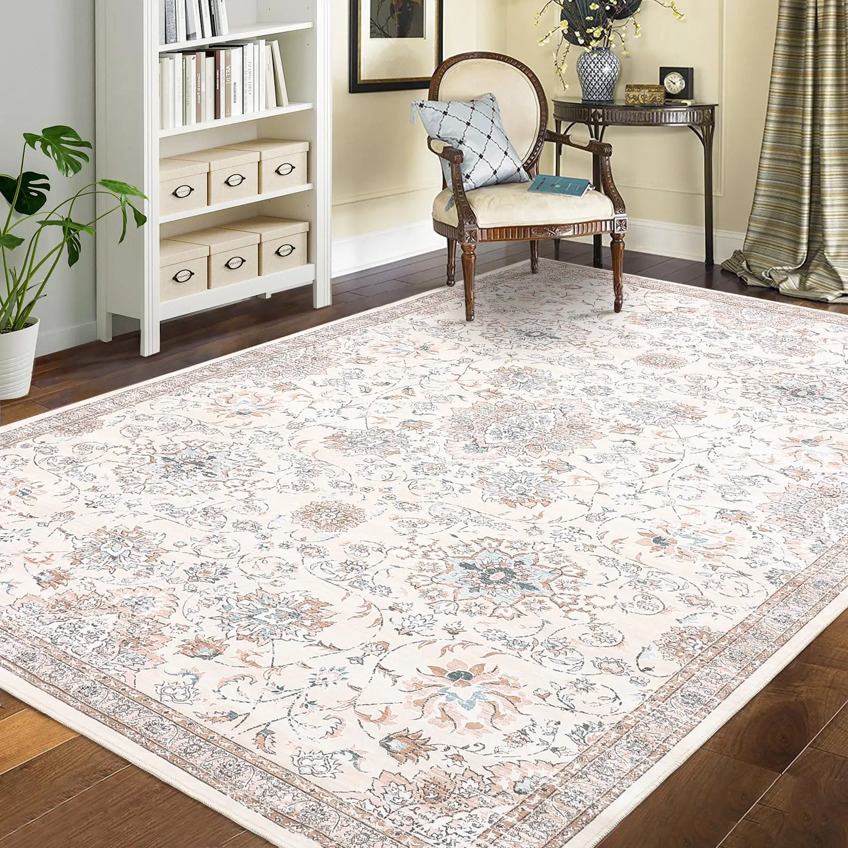 【Restock Sale】GARVEE Washable Area Rugs in 9x12 and 10x13 Sizes with Boho Vintage Designs, Distressed Patterns, Low Pile, Non-Slip, Soft Texture in Neutral Beige and Dusty Blue for Living Room, Bedroom, and Office.