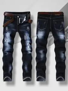 Men's jeans, stretch ripped jeans, embroidered denim, street pants, slim fit, dark blue distressed men's pants, suitable for all seasons compression  pants  ripped  jeans jeans  n  s through it high street jean fashion boy summer kuul  garments