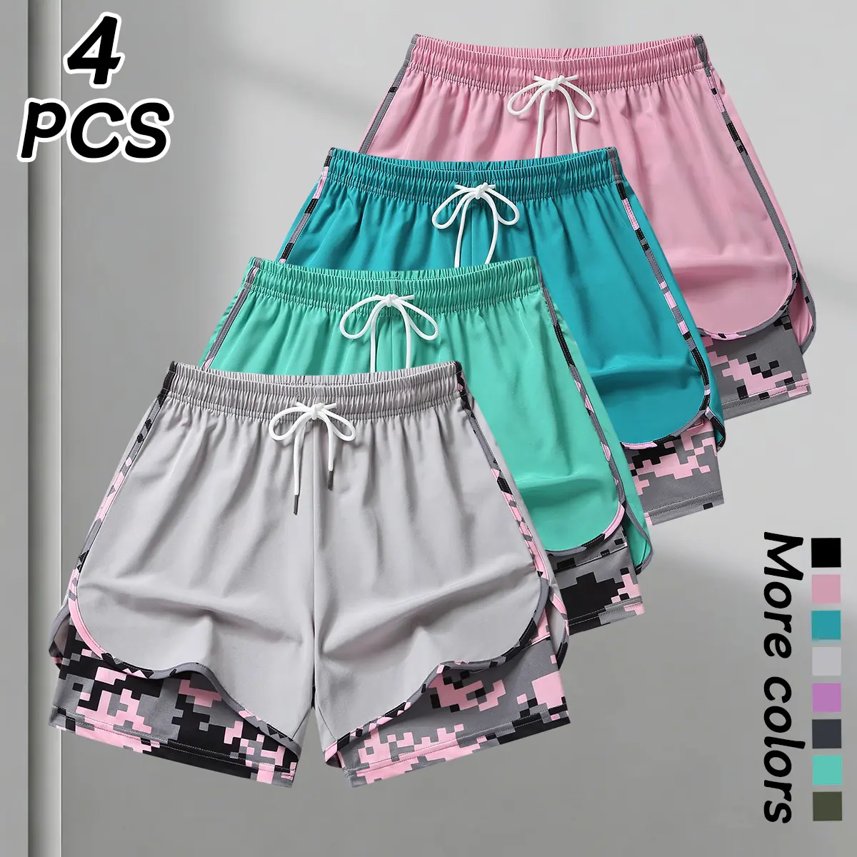 Women's 4-Pack Summer Sport Shorts - Double-Layer Faux 2-Piece Mid-Length Camouflage, Breathable Quick-Dry Compression Base Layer, Elastic Drawstring Waist, Side Mesh Pockets, Side Seam Sweatshorts for Gym Impact Workouts